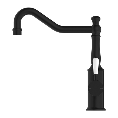 Nero York Kitchen Mixer Hook Spout With White Porcelain Lever | Matte Black |