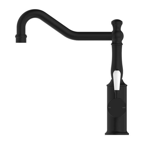 Nero York Kitchen Mixer Hook Spout With White Porcelain Lever  | Matte Black |