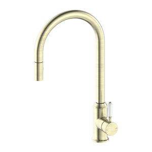 Nero York Pull Out Sink Mixer With Vegie Spray Function With White Porcelain Lever, Aged Brass