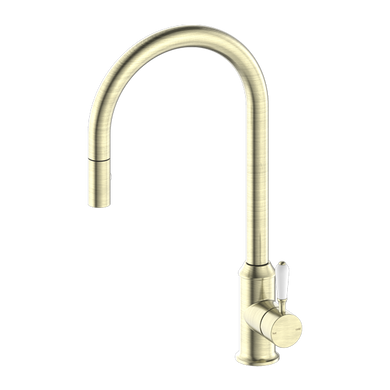 Nero York Pull Out Sink Mixer With Vegie Spray Function With White Porcelain Lever | Aged Brass |