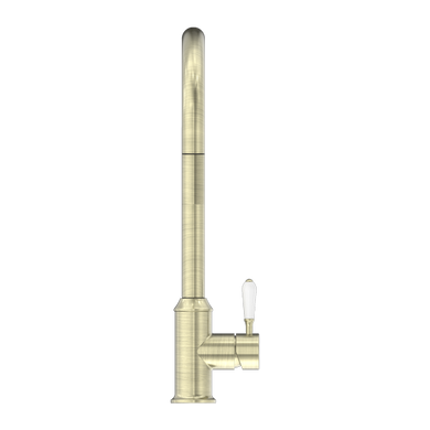 Nero York Pull Out Sink Mixer With Vegie Spray Function With White Porcelain Lever | Aged Brass |