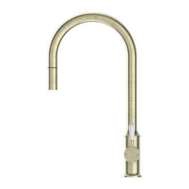 Nero York Pull Out Sink Mixer With Vegie Spray Function With White Porcelain Lever | Aged Brass |