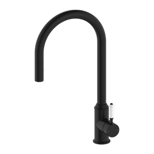Nero York Pull Out Sink Mixer With Vegie Spray Function With White Porcelain Lever, Matte Black