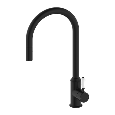 Nero York Pull Out Sink Mixer With Vegie Spray Function With White Porcelain Lever | Matte Black |