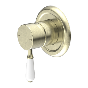 Nero York Shower Mixer With White Porcelain Lever, Aged Brass