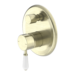 Nero York Shower Mixer With Diverter With White Porcelain Lever, Aged Brass