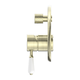 Nero York Shower Mixer With Diverter With White Porcelain Lever | Aged Brass |