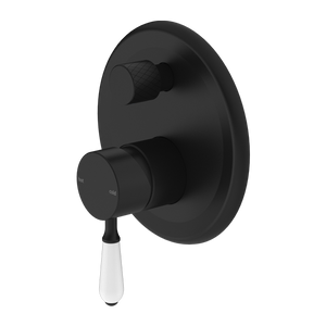 Nero York Shower Mixer With Diverter With White Porcelain Lever, Matte Black