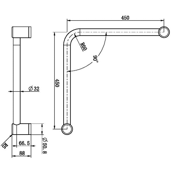 Nero Mecca Care 32mm Ambulant 90 Degree Bent Tube 450x450mm | Brushed Nickel |