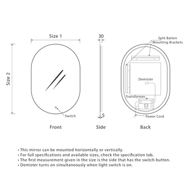 *Clearance* Pill Oval 450mm x 1200mm Backlit LED Frameless Mirror with Polished Edge and Demister