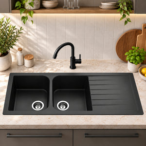 Volca 1160mm x 500mm x 225mm Quartz Double Sink with Drainer, Black *Clearance Stock*