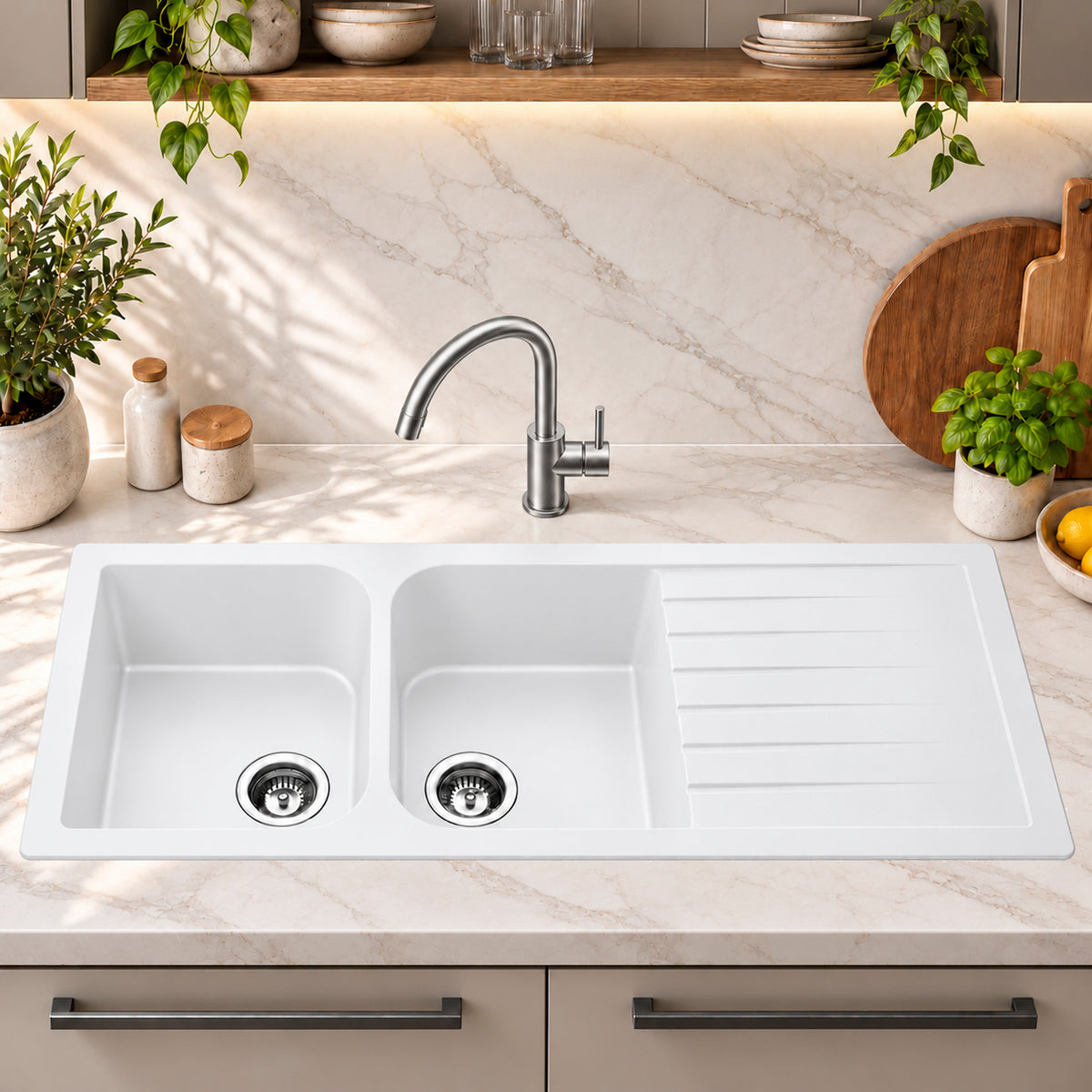 Volca 1160mm x 500mm x 225mm Quartz Double Sink with Drainer, White *Clearance Stock*