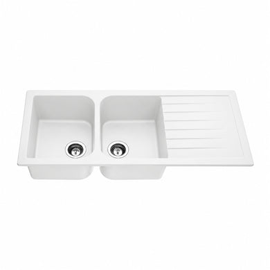 Volca 1160mm x 500mm x 225mm Quartz Double Sink with Drainer, White *Clearance Stock*