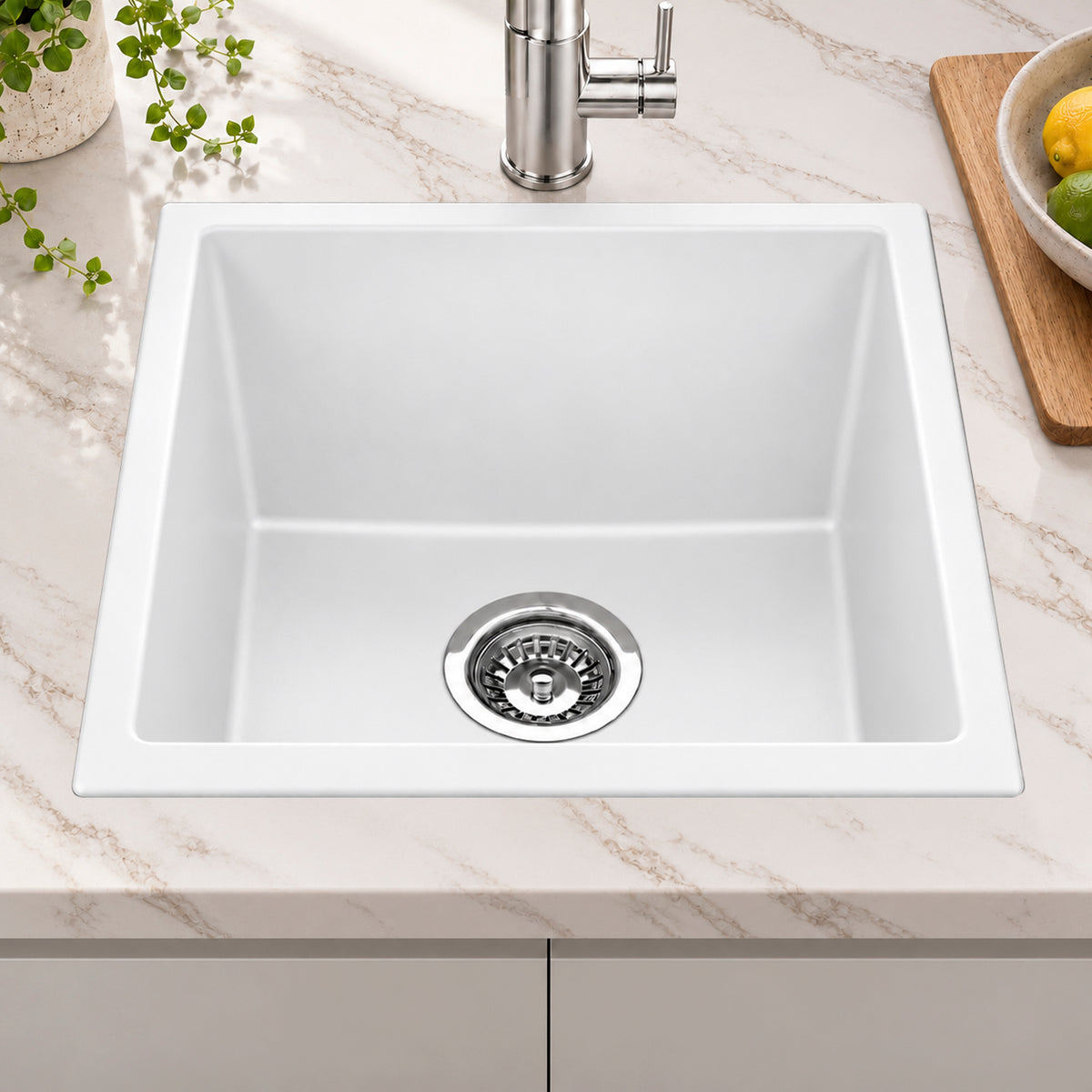 Volca 432mm x 432mm x 241mm Quartz Single Sink, White *Clearance Stock*