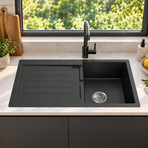 Volca 860mm x 500mm x 216mm Quartz Single Sink with Drainer, Black *Clearance Stock*