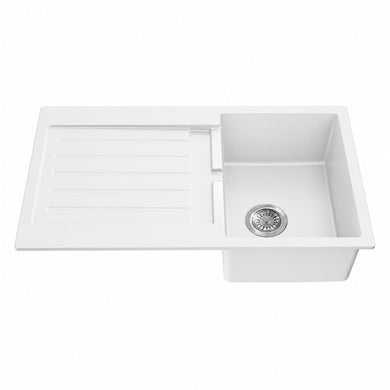 Volca 860mm x 500mm x 216mm Quartz Single Sink with Drainer, White *Clearance Stock*