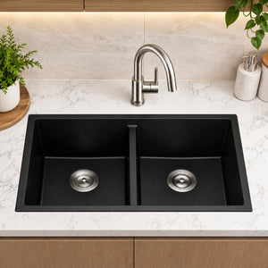 Volca 813mm x 457mm x 241mm Quartz Double Sink, Black *Clearance Stock*