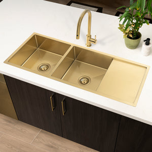 Retto II 1190mm x 450mm x 230mm Stainless Steel Double Sink with Drainer, Brushed Brass (Gold)