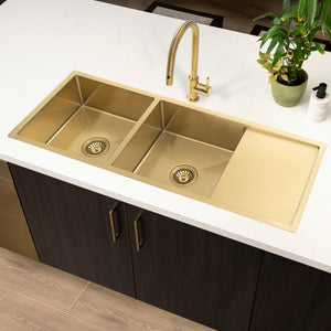 Retto II 1190mm x 450mm x 230mm Stainless Steel Double Sink with Drainer, Brushed Brass Gold