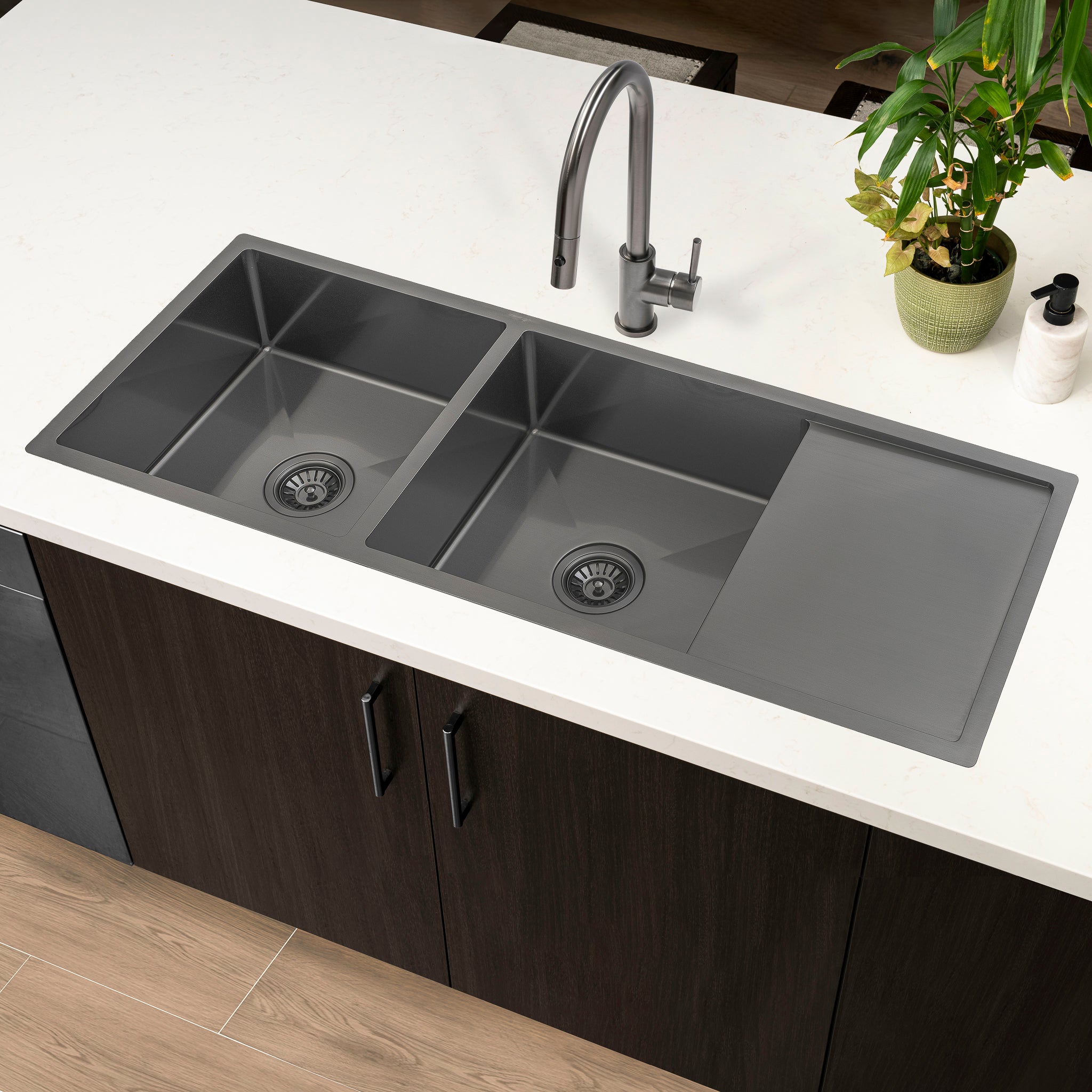 Retto II 1190mm x 450mm x 230mm Stainless Steel Double Sink with Drainer, Brushed Gunmetal Black