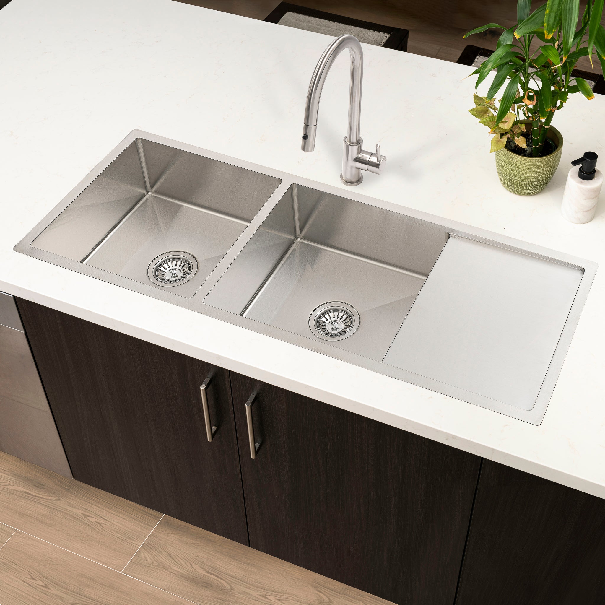 Retto II 1190mm x 450mm x 230mm Stainless Steel Double Sink with Drainer, Brushed SS Nickel