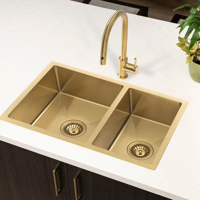 Retto II 675mm x 450mm x 230mm Stainless Steel Double Sink, Brushed Brass (Gold)