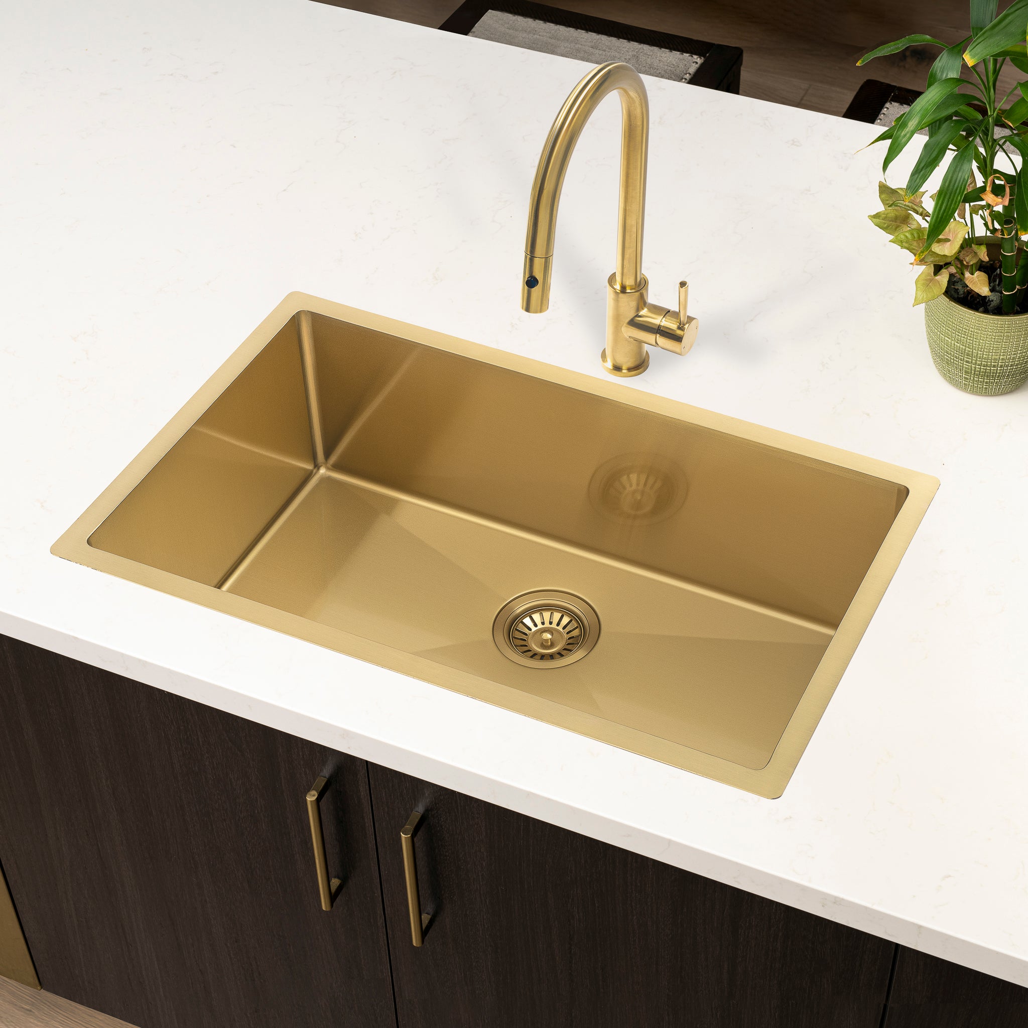 Retto II 750mm x 450mm x 300mm Extra Height Stainless Steel Sink, Brushed Brass Gold