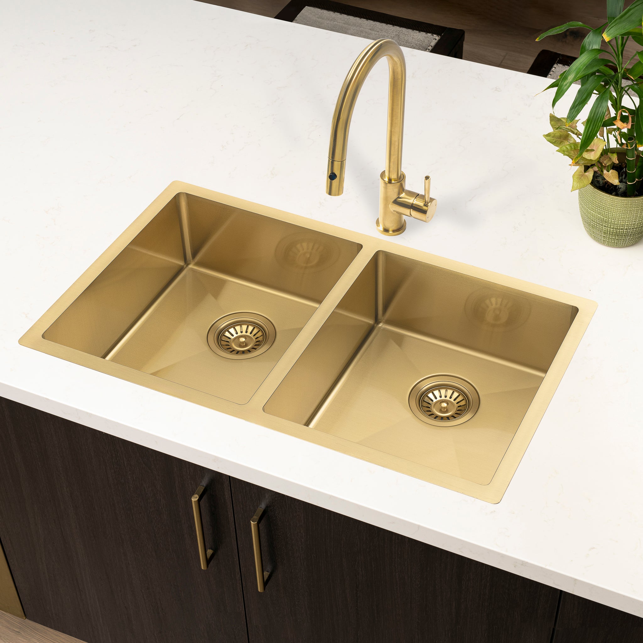 Retto II 775mm x 450mm x 230mm Stainless Steel Double Sink, Brushed Brass Gold