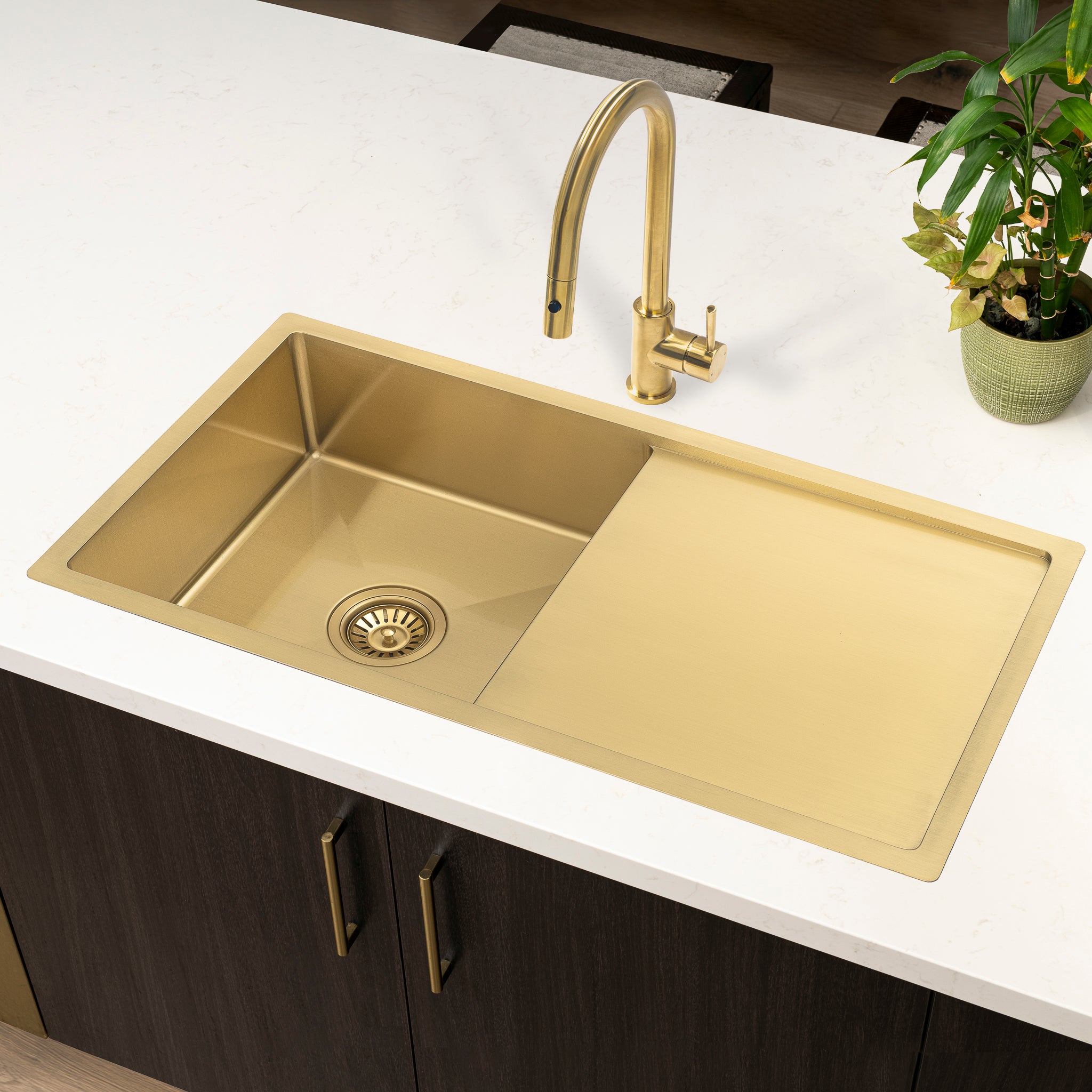 Retto II 850mm x 450mm x 230mm Stainless Steel Sink with Drainer, Brushed Brass Gold