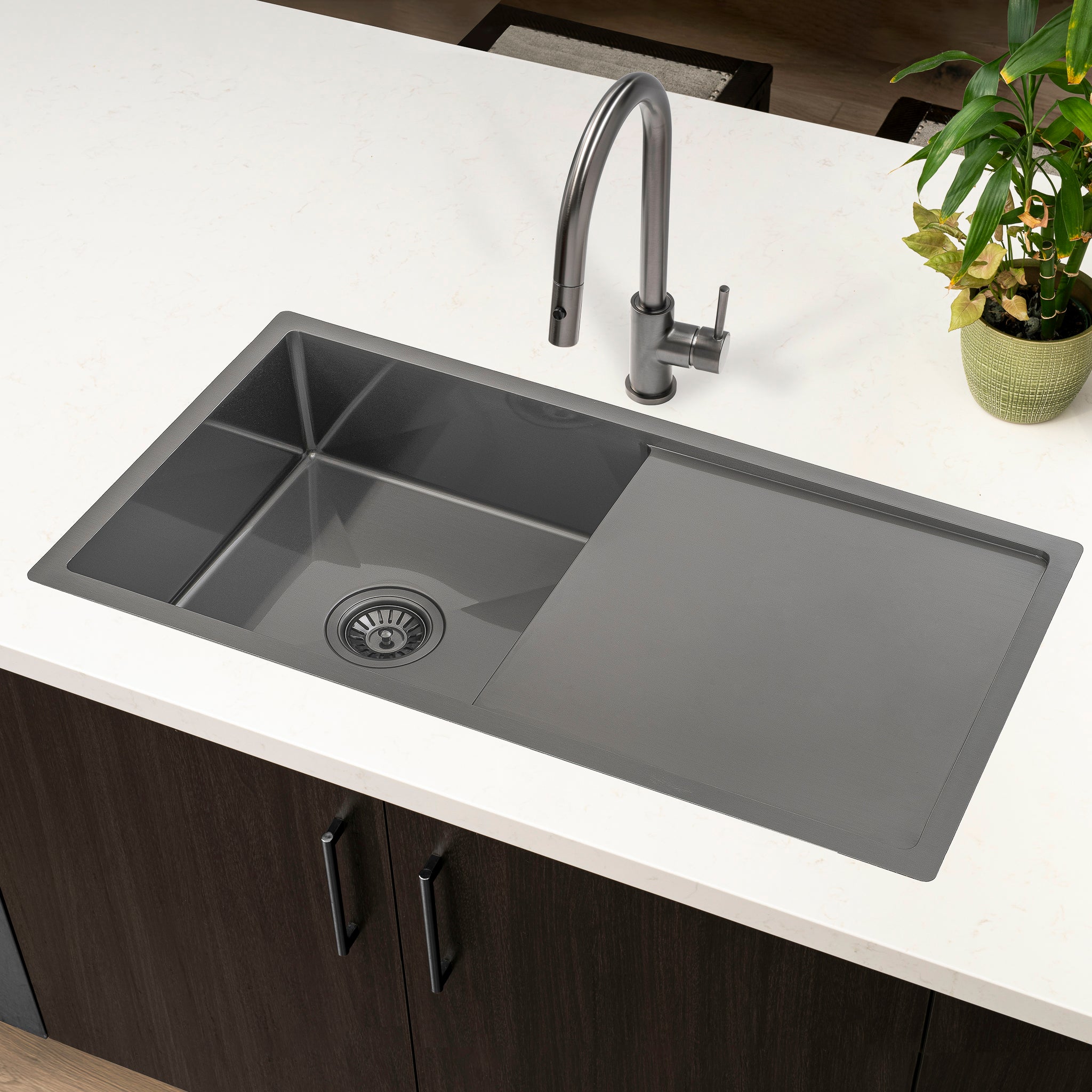 Retto II 850mm x 450mm x 230mm Stainless Steel Sink with Drainer, Brushed Gunmetal Black