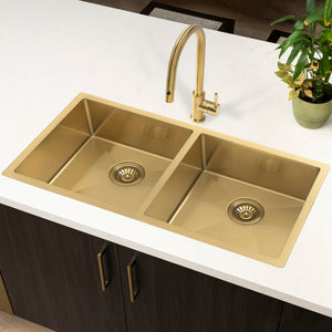 Retto II 875mm x 450mm x 230mm Stainless Steel Double Sink, Brushed Brass (Gold)
