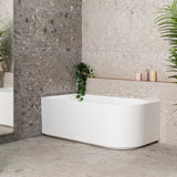 Arco 1500mm left corner bathtub in gloss white, angled side view