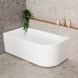 Arco 1500mm left corner bathtub in matte white, top down view