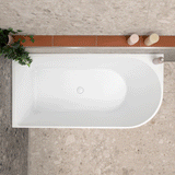 Arco 1500mm left corner bathtub in matte white shown with two models of different heights GIF