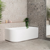 Arco 1500mm right corner bathtub in gloss white, angled side view