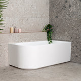 Arco 1500mm right corner bathtub in gloss white, angled front view