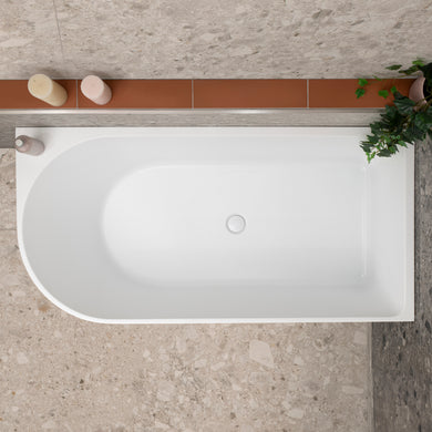 Arco 1500mm right corner bathtub in matte white, top view