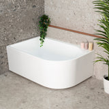 Arco Plus 1400mm left corner bathtub in gloss white, angled top down view
