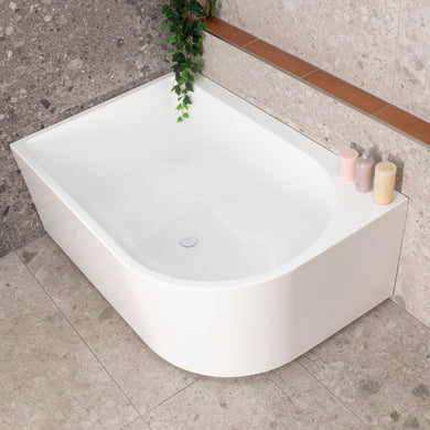 Arco Plus 1400mm left corner bathtub in gloss white, angled top down view