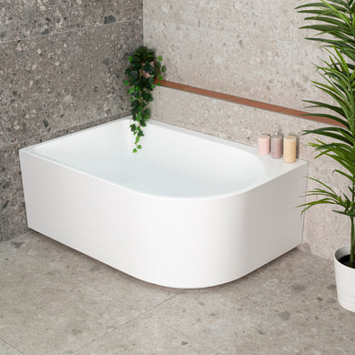Arco Plus 1400mm left corner bathtub in gloss white, angled top down view