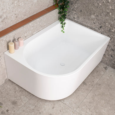 Arco Plus 1400mm right corner bathtub in matte white, angled top down view