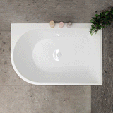 Arco Plus 1400mm right corner bathtub in matte white shown with two models of different heights GIF