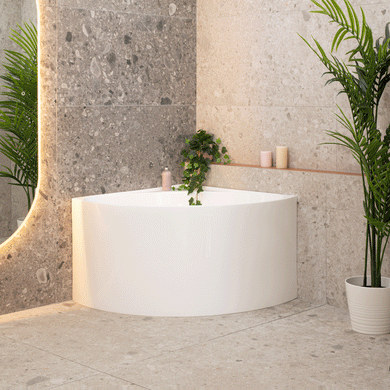 Angie corner 1000mm freestanding bathtub in gloss white, angled front view GIF