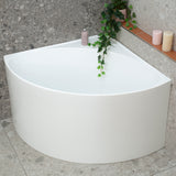 Angie corner 1000mm freestanding bathtub in gloss white, angled top down view