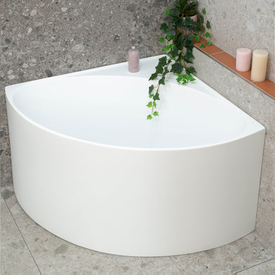 Angie corner 1000mm freestanding bathtub in matte white, angled top down view