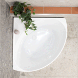 Angie Corner 800mm bathtub in white colour shown with a model