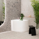 Angie corner 800mm freestanding bathtub in gloss white, angled front view