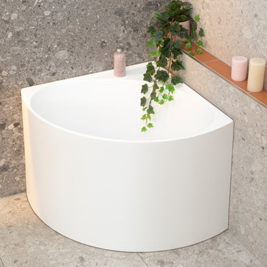 Angie corner 800mm freestanding bathtub in matte white, angled top down view