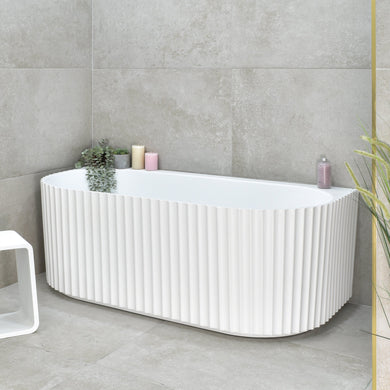 Agora Groove 1500mm back to wall bathtub in gloss white, angled front view