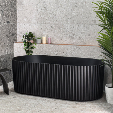 Agora Groove 1500mm off the wall bathtub in matte black, angled front view
